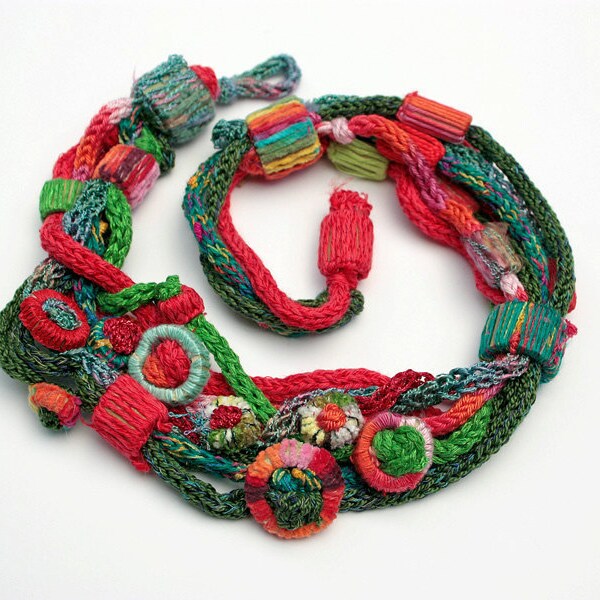 Handmade knit necklace with bamboo beads, red green, OOAK