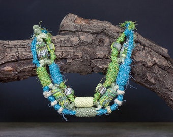 Multi strand necklace in blue and green Beaded statement jewelry, knitted necklace with bamboo beads OOAK