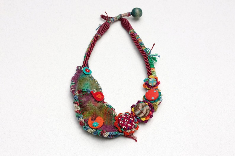 Fiber Art Bib Necklace Crochet and Felt Jewelry With Fabric - Etsy