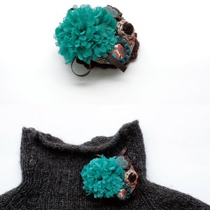 Fabric flower brooch, circle cluster pin, crochet, textile and fabric buttons jewelry turquoise, brown, beige OOAK 2. dark