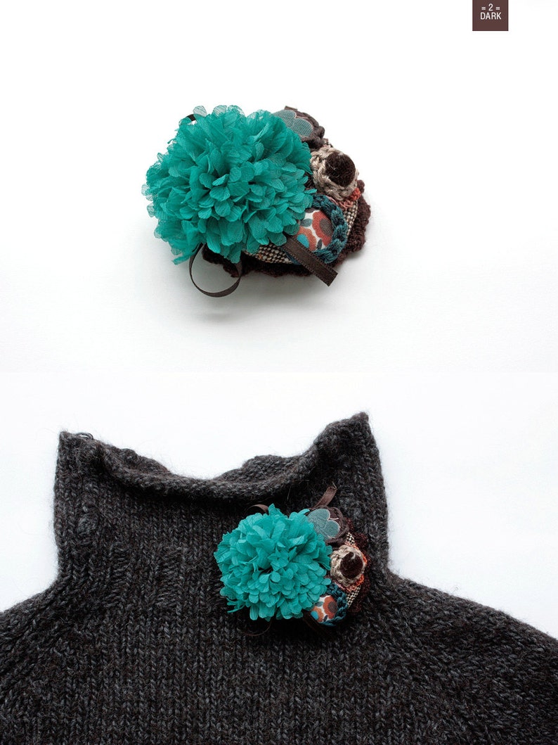 Fabric flower brooch, circle cluster pin, crochet, textile and fabric buttons jewelry turquoise, brown, beige OOAK 2. dark