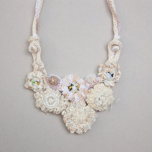 Cream bib necklace, statement crochet and knitted jewelry, OOAK