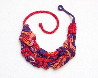 Knitted bib necklace, statement fiber jewelry, red purple orange, OOAK