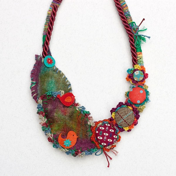 Fiber art bib necklace, crochet and felt jewelry with fabric buttons, burgundy green orange turquoise, OOAK