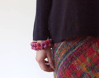 Crochet chunky bracelet, fiber art statement cotton jewelry, purple orange, OOAK