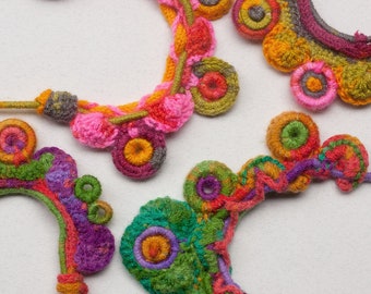 Neon statement necklace, colorful crochet jewelry with bamboo beads, OOAK