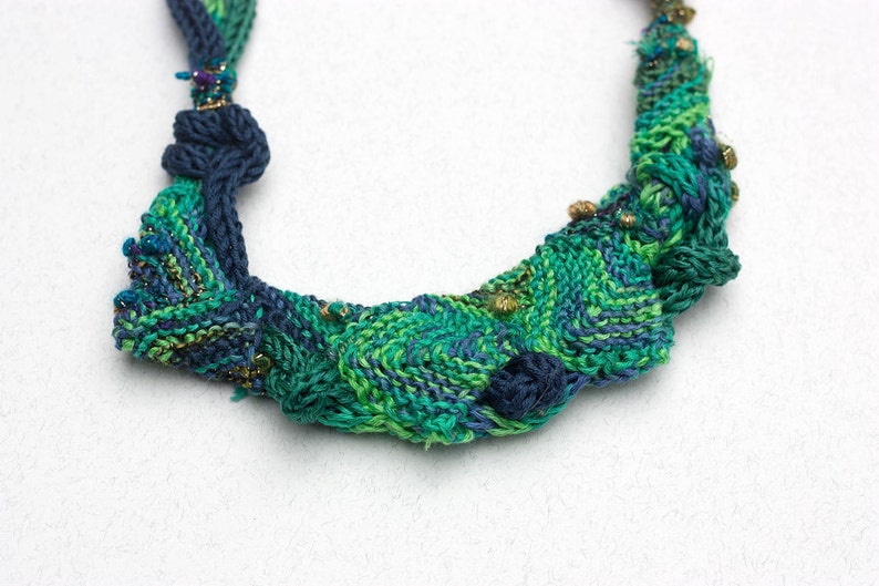Blue green bib necklace, knitted statement jewelry, OOAK fiber necklace image 5