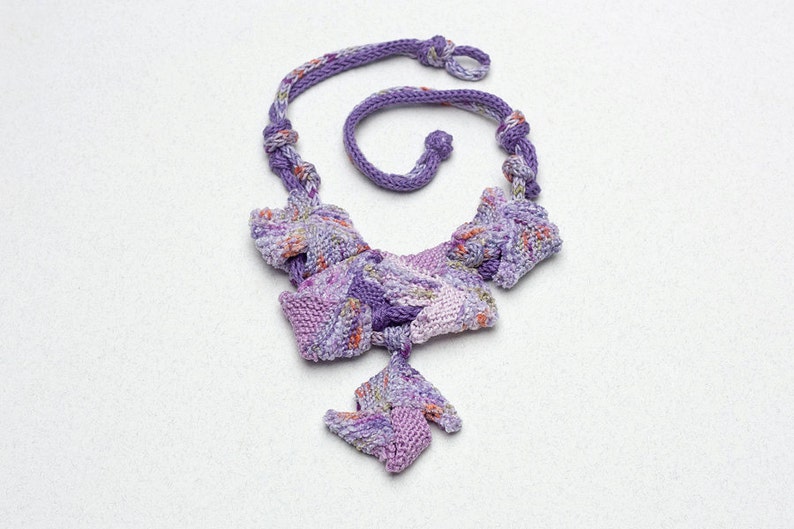 Lavender chunky necklace, knitted geometric jewelry, OOAK fiber statement necklace image 1