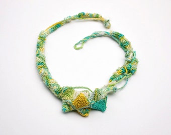 Knitted necklace, fiber jewelry, knitted jewelry, bamboo necklace, yellow aqua chartreuse white, OOAK