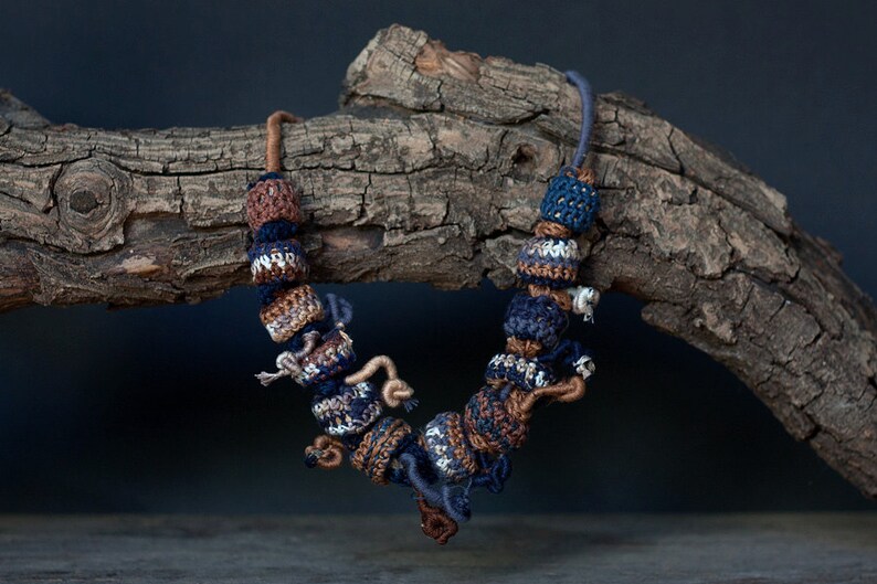 Fiber Statement Necklace in Brown and Blue Rustic Jewelry With Crochet ...