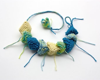 Blue yellow chunky necklace, knitted fiber jewelry, OOAK