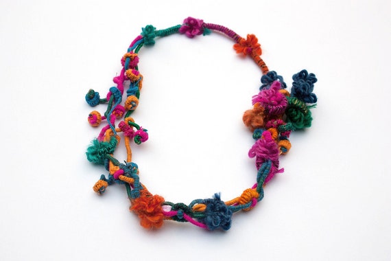 Flower crochet necklace colorful statement jewelry with bamboo beads OOAK