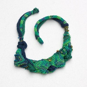 Blue green bib necklace, knitted statement jewelry, OOAK fiber necklace image 1