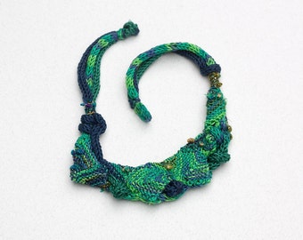 Blue green bib necklace, knitted statement jewelry, OOAK fiber necklace