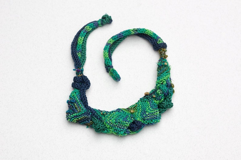 Blue green bib necklace, knitted statement jewelry, OOAK fiber necklace image 1