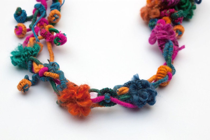 Colorful hand wrapped necklace, fiber jewelry with bamboo beads, OOAK image 5
