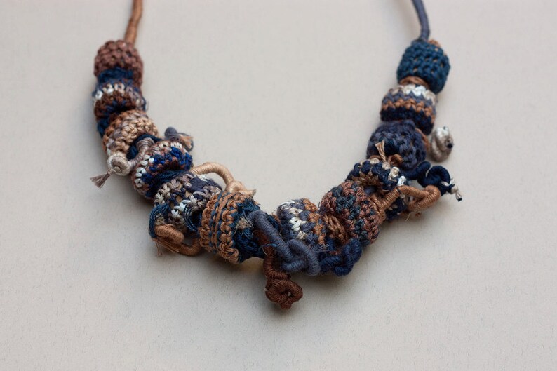Fiber Statement Necklace in Brown and Blue Rustic Jewelry With Crochet ...