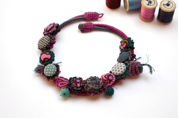 Flower crochet necklace colorful statement jewelry with bamboo beads OOAK