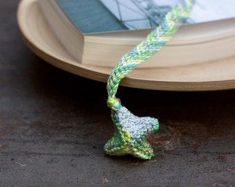 Geometric textile bookmark, hand knitted and braided, multicolor - green gray yellow, OOAK