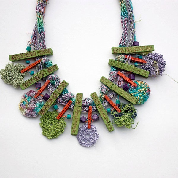 RESERVED Eco friendly statement necklace, Wooden and fiber necklace, Knit and crochet jewelry, green purple, OOAK