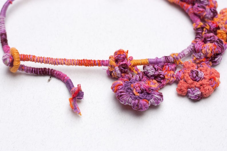 Flower crochet necklace colorful statement jewelry with bamboo beads OOAK