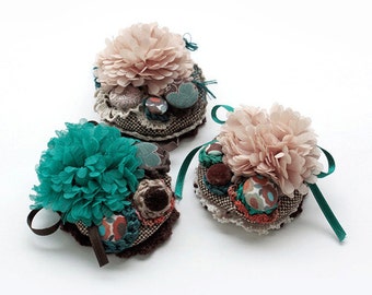 Fabric flower brooch, circle cluster pin, crochet, textile and fabric buttons jewelry - turquoise, brown, beige - OOAK