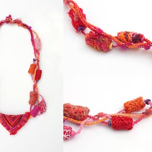 Red tribal necklace, statement knitted jewelry, OOAK image 4