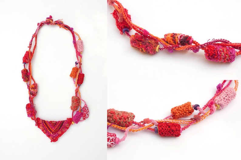 Red tribal necklace, statement knitted jewelry, OOAK image 4