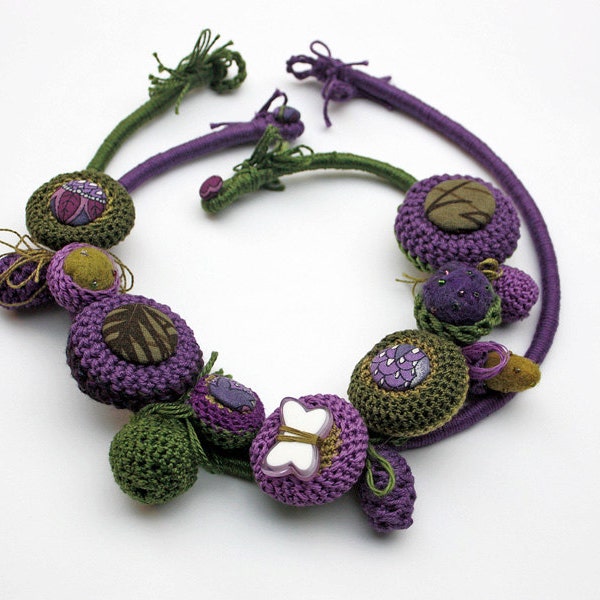 Chunky statement necklace, crochet textile jewelry in purple and green, butterfly necklace, OOAK fiber art