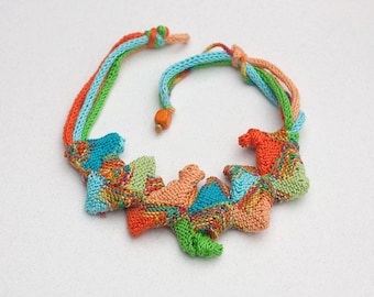 Colorful geometric bib necklace, knitted fiber art statement cotton jewelry, OOAK