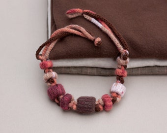 Rustic statement necklace in autumn colors Fiber knitted jewelry with bamboo beads, OOAK