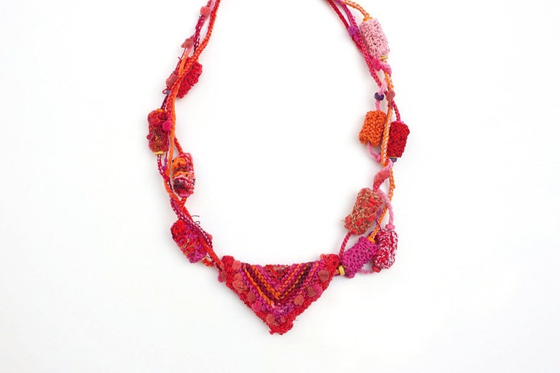 Red tribal necklace, statement knitted jewelry, OOAK image 3
