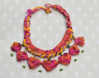 Colorful tribal necklace, fiber statement jewelry, unique knitted necklace with bamboo beads, pink orange, OOAK