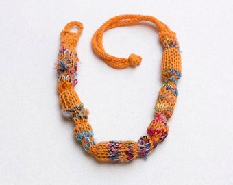 Rustic orange necklace, knitted statement jewelry with bamboo beads, OOAK