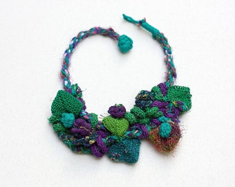 Green purple bib necklace, statement knitted jewelry, OOAK fiber necklace