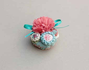 Flower cluster circle pin brooch, crochet and fabric jewelry - peach pink, light blue, white - OOAK