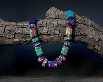 Fiber textile necklace, statement jewelry with bamboo beads, OOAK purple turquoise necklace