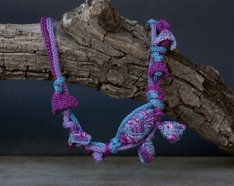 Multi strand statement necklace in purple and blue Knitted fiber jewelry OOAK