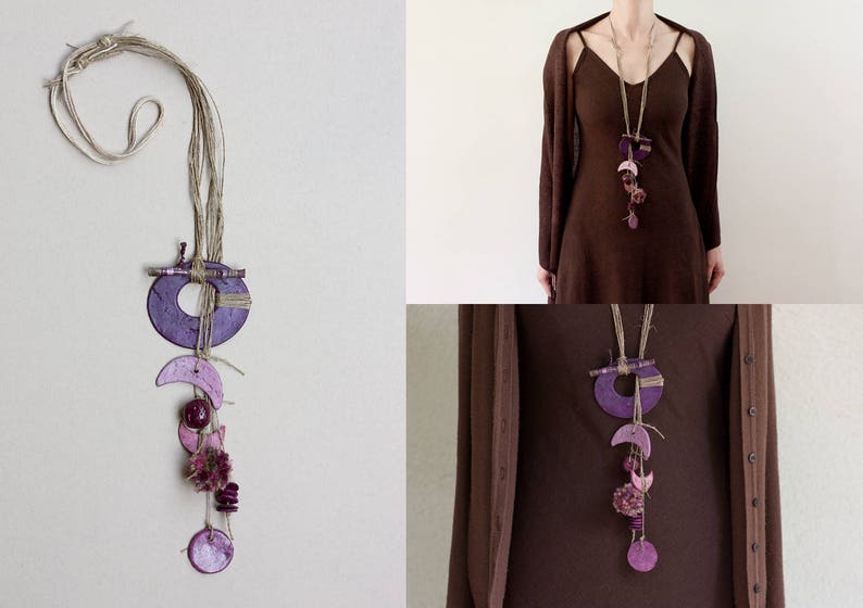 purple brown Long boho necklace black mixed media tribal jewelry OOAK