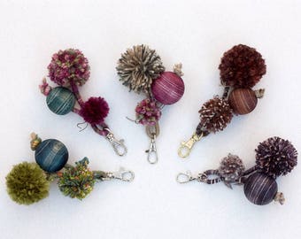 Pompom and wood bag charm, fiber and wood keychain, colorful pom pom bag charm, pom pom accessories, OOAK