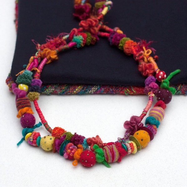 Red ethnic necklace with colorful wooden and fiber beads, OOAK