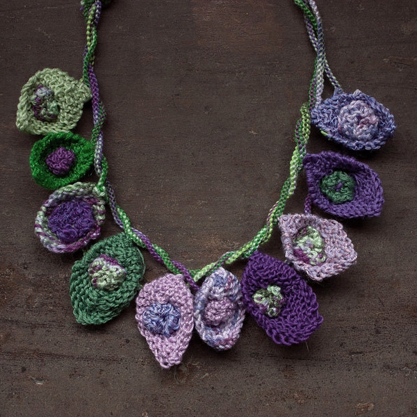 Knitted cotton necklace, purple green, OOAK