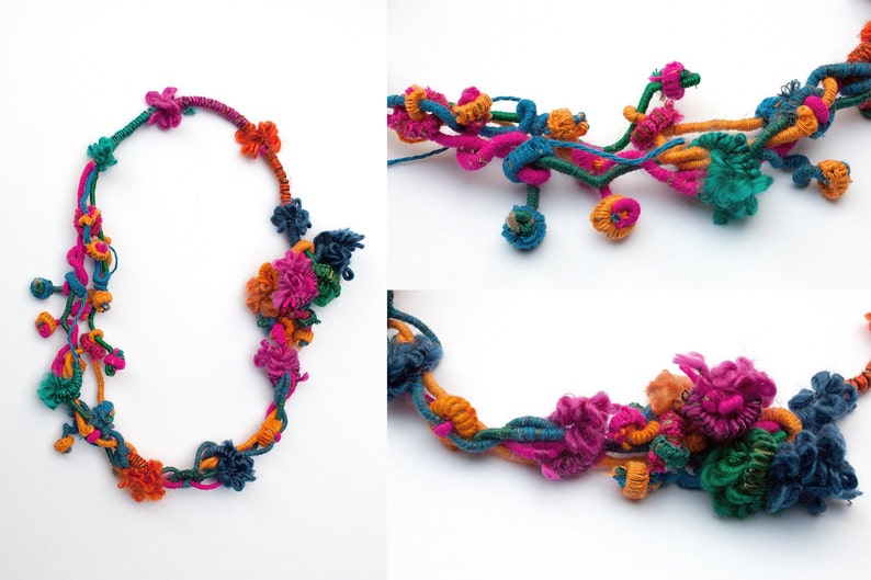 Colorful hand wrapped necklace, fiber jewelry with bamboo beads, OOAK image 4