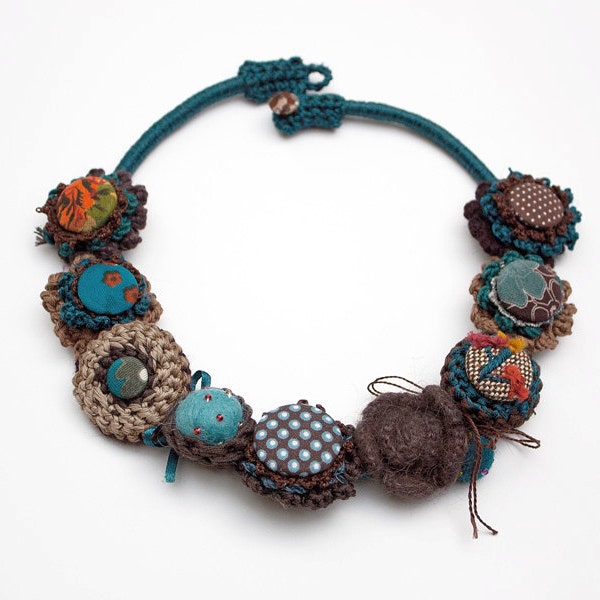 Unique brown blue necklace, crochet with fabric buttons