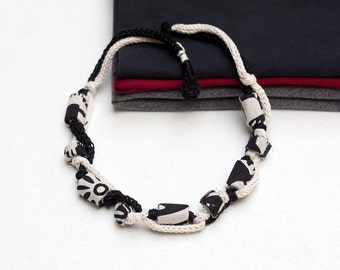 Black and white necklace, textile statement jewelry knitted with bamboo beads, monochrome chunky necklace, OOAK