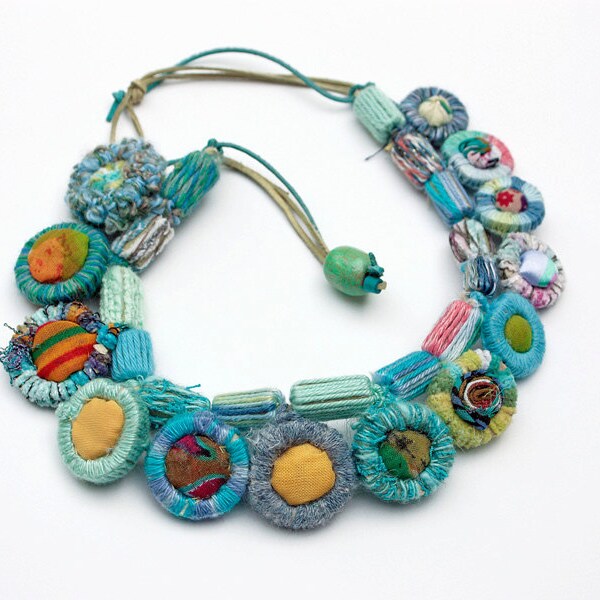 Handmade crochet necklace with bamboo and textile beads OOAK