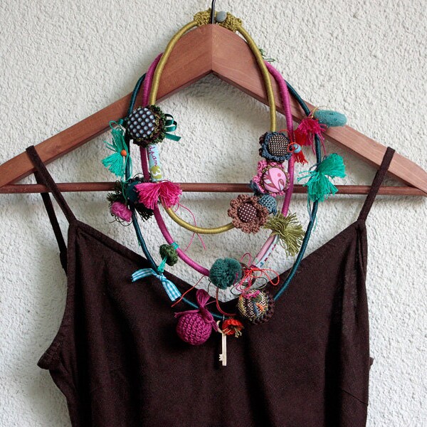 Multi strand necklace, fiber crochet jewelry, OOAK