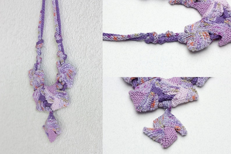 Lavender chunky necklace, knitted geometric jewelry, OOAK fiber statement necklace image 5