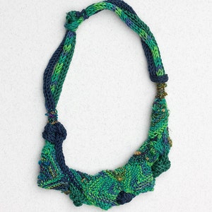 Blue green bib necklace, knitted statement jewelry, OOAK fiber necklace image 3