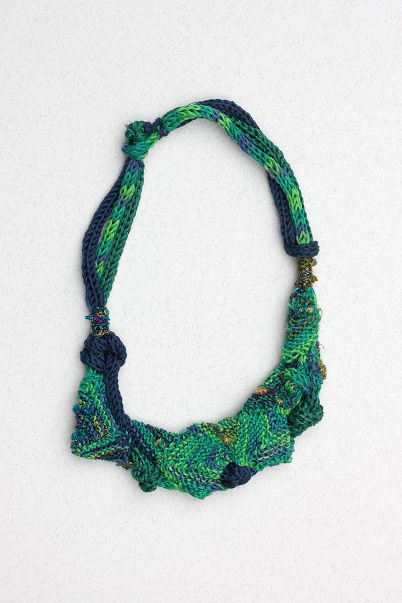 Blue green bib necklace, knitted statement jewelry, OOAK fiber necklace image 3